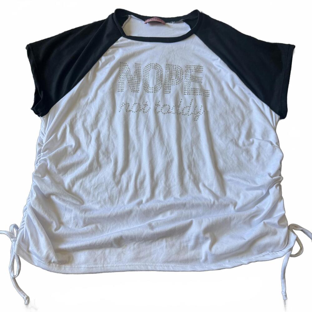 Ragdoll Rhinestone Graphic Raglan Baby Tee Ruched White S Y2K